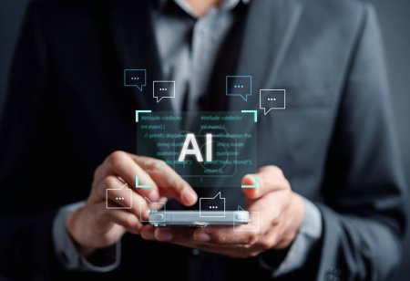 Ai Technology System. Geschäftsmann mit Chatbot-Intelligenz Ai. Chat mit künstlicher Intelligenz, entwickelt von OpenAI Generieren. Futuristische Technologie, Roboter im Online-System.