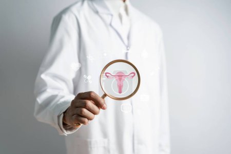 Arzt im weißen Kittel mit virtuellem Fortpflanzungssystem der Gebärmutter, Frauengesundheit, PCOS, Eierstockkrebs und Gebärmutterhalskrebs, Gesundes feminines Konzept