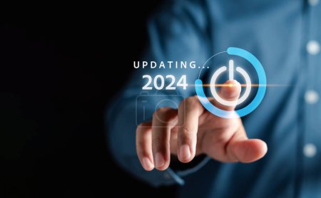 Pointing Frohes Neues Jahr 2024 mit Diagramm und Countdown frohe Weihnachten und ein gutes neues Jahr, Planung und Herausforderung Strategiegeschäft im neuen Jahr 2024 Konzept.