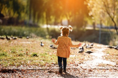 Glücklicher Kindertag. Rückansicht eines kleinen Mädchens mit lustiger Frisur mit zwei Pferdeschwänzen im gelben Blümchenkleid, das sich am Teich im sonnigen Herbstpark mit Tauben vergnügt. Kindheitstraum.
