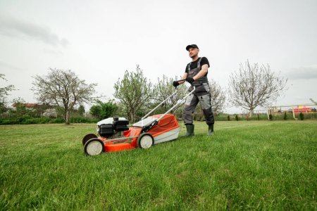 Professional gardener in protective apparel is mowing green grass lawn using modern gasoline cordless lawnmower at backyard. Seasonal landscaping design work. Blooming trees on background.