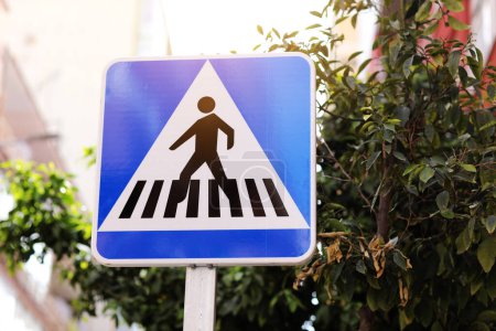Blauweißes Fußgängerüberweg-Schild an der Straße vor natürlicher Baumkulisse. Verkehrszeichen zum sicheren Überqueren der Fahrbahn. Ort des Übergangs. Europäisches Straßenschild an Metallstange weist auf Zebra hin.