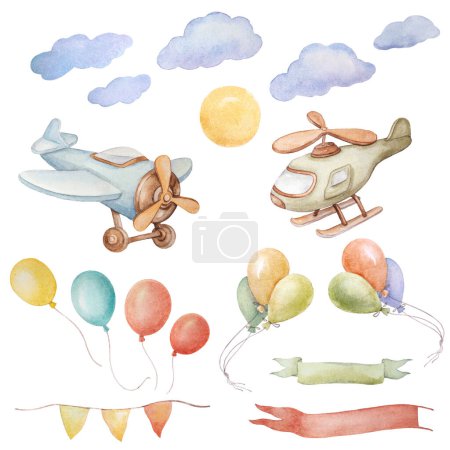 Photo for Airplane Watercolor Clipart, Baby Boy Announcement Clipart, Baby Boy Airplane Nursery Cliparts, Watercolor Balloon Cipart, Airplanes Ribbon Sky Clipart - Royalty Free Image
