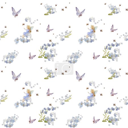 Fairytale Seamless Watercolor Pattern. Kids Pattern with Forget Me Not Fairy. Kids Wallpaper White Background. Forget Me Not Nursery Decor