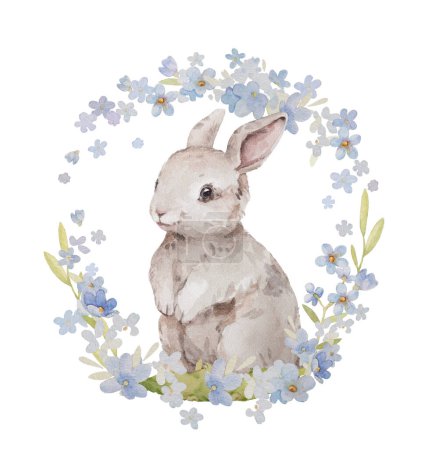 Bunny Rabbit mit Blumen Aquarell Frühling Illustrationen. Osterhase Aquarell Clip Art. Nursery Wall Art Vintage. Handgezeichnete Aquarell-Komposition