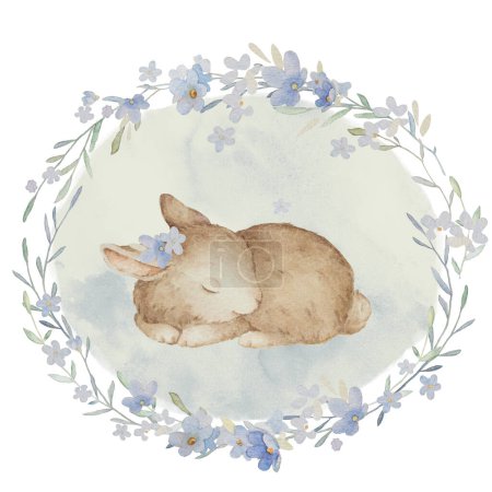 Niedlichen Kaninchen Schlaf in Blumen Frühling Illustrationen. Osterhase mit Vergiss mich nicht Blumen Aquarell Vintage handgezeichnete Clip Art. Hase im Blumenkranz Illustrationen