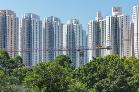 Téléchargez les photos : Immeuble résidentiel de grande hauteur de l'immobilier public et de la grue sur le chantier de construction à Hong Kong - en image libre de droit