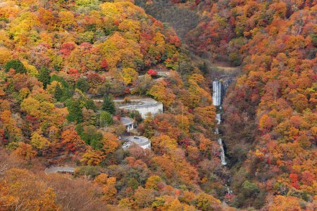 Foto de Paisaje de serpentina carretera y cascada en otoño. visto desde Akechidaira Ropeway, Nikko, Tochigi, Japón - Imagen libre de derechos