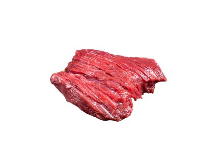 Carnicero con carne de venado crudo. Aislado sobre fondo blanco