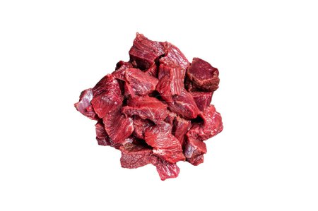 Raw Diced game meat of wild venison dear. Isolated on white background