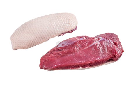 Raw uncooked Duck breast fillet steaks on butcher table. Isolated on white background.