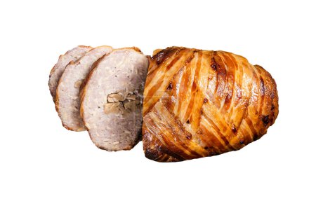 Téléchargez les photos : Pain de viande rôti enveloppé de bacon, pain de viande émincé tranché. Isolé sur fond blanc. - en image libre de droit