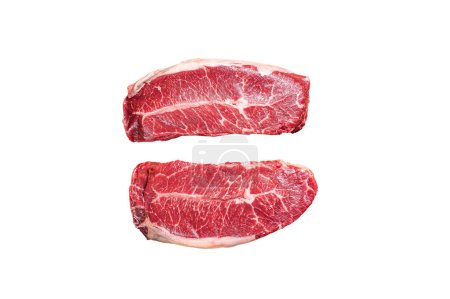 Raw Shoulder Top Blade beef meat steaks on a plate. Isolated on white background