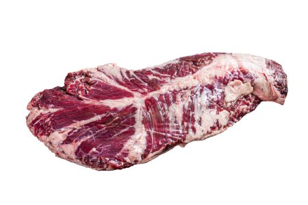Téléchargez les photos : Bifteck cru de viande de bœuf tendre ou de onglet suspendu. Isolé sur fond blanc. - en image libre de droit