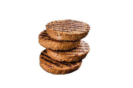 Griiled meat free patties, plant based meat steak cutlets. Isolated on white background