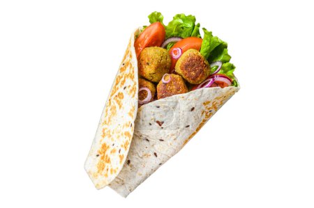 Vegetarische Tortilla-Wrap mit Falafel und frischem Salat, vegane Tacos. Isoliert auf weißem Hintergrund