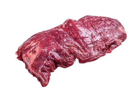 Téléchargez les photos : Bavette de flanc biologique cru ou steak de bœuf à rabat. Isolé sur fond blanc - en image libre de droit