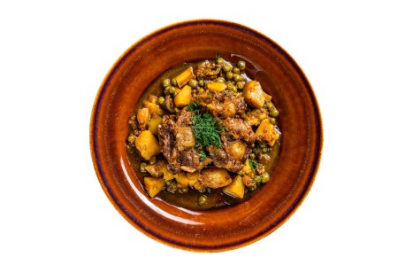 Beef veal oxtails stew with vegetables in a rustic plate. Isolated on white background