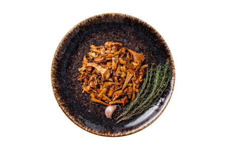 Téléchargez les photos : Champignons de chanterelle frits sauvages cuits avec des oignons et des herbes. Isolé sur fond blanc - en image libre de droit