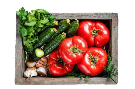 Foto de Verduras frescas en una caja de madera, tomates rojos, pepinos verdes con hierbas. Aislado sobre fondo blanco - Imagen libre de derechos