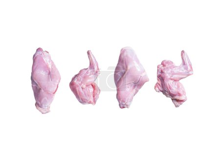 Photo for Raw rabbit legs slices on a butcher board. Isolated on white background - Royalty Free Image