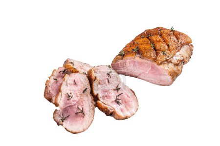 Roasted Sliced Duck breast fiilet steak. Isolated on white background