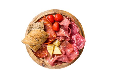 Cold meat plate, charcuterie traditional Spanish tapas on a wooden board. Isolated on white background