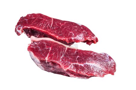 Téléchargez les photos : Steak de viande de bœuf d'aloyau cru frais. Isolé sur fond blanc - en image libre de droit
