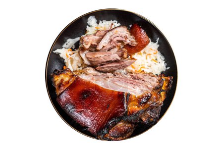 Photo for Roast Pork Ham Hock, knuckle with Sauerkraut on a plate. Isolated on white background - Royalty Free Image