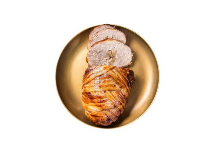 Téléchargez les photos : Pain de viande rôti enveloppé de bacon, pain de viande émincé tranché. Isolé sur fond blanc - en image libre de droit