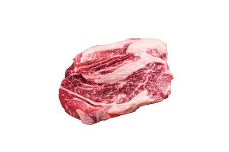 Raw Chuck Roll beef meat steaks on a wooden board with thyme. High quality Isolate, white background