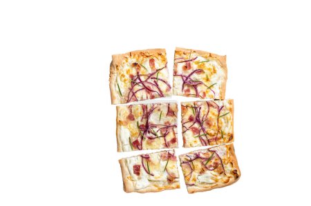 French tarte flambee with cream cheese, bacon and onions. Flammkuchen from Alsace region. High quality Isolate, white background