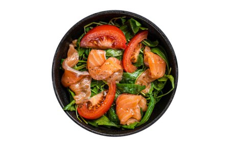 Photo for Fresh salmon salad with arugula, tomato and green vegetables. Isolated on white background - Royalty Free Image