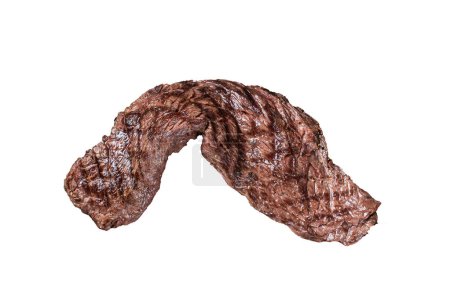 Foto de Barbacoa Machete a la parrilla o falda de carne de res filete en bandeja de acero. Fondo aislado, blanco - Imagen libre de derechos