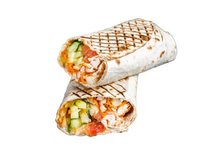 Téléchargez les photos : Shawarma Shaurma kebab avec viande, salade de légumes et frites. Isolé, fond blanc - en image libre de droit