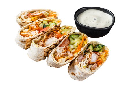 Téléchargez les photos : Chicken wrap roll, durum doner kebab with meat and vegetable salad. Wooden background. Top view. - en image libre de droit