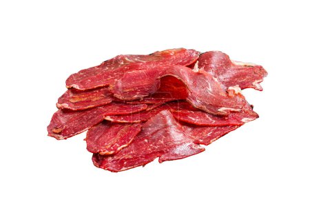 Photo for Dried sliced basturma, cured beef meat ready for eat. Isolated, white background - Royalty Free Image
