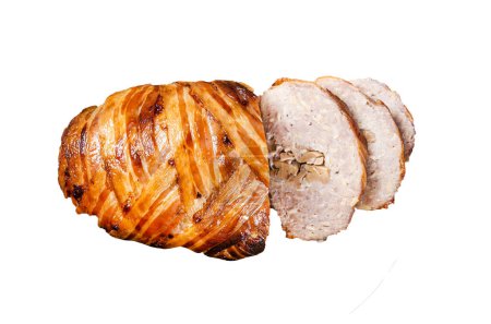 Téléchargez les photos : Pain de viande rôti enveloppé de bacon, pain de viande émincé tranché. Isolé, fond blanc - en image libre de droit