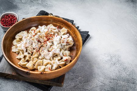 Foto de Manti Dumpling con yogur y salsa de tomate en un plato de madera. Fondo blanco. Vista superior. Copiar espacio. - Imagen libre de derechos