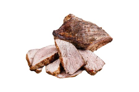 Téléchargez les photos : Rôti Tri Tip ou surlonge steak de bœuf sur une assiette avec roquette. Isolé, fond blanc - en image libre de droit
