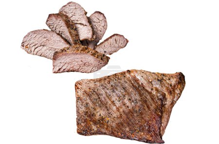 Téléchargez les photos : Barbecue wagyu vieilli sec Tri Tip steak de boeuf sur une assiette avec du sel rose. Isolé, fond blanc - en image libre de droit