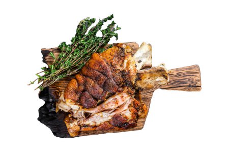 Photo for Roasted pork knuckle eisbein on a wooden board with herbs Isolated on white background - Royalty Free Image