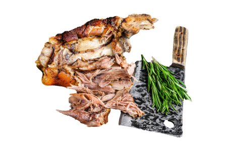 Photo for Roasted and cut German pork knuckle eisbein meat on a wooden board with meat cleaver. Isolated on white background - Royalty Free Image