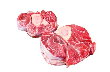 Foto de Carne cruda de ternera cortada en cruz osso buco, cocinando ossobuco italiano. Aislado sobre fondo blanco, vista superior - Imagen libre de derechos
