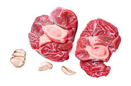Foto de Carne cruda osso buco carne de ternera caña, haciendo ossobuco italiano. Aislado sobre fondo blanco, vista superior - Imagen libre de derechos