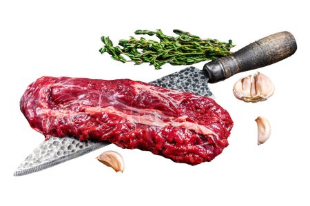 Photo for Raw Hanging Tender steak on a butcher knife . Isolated on white background, top view - Royalty Free Image