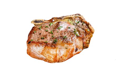 Foto de Filete de striploin a la parrilla en el hueso o filete de Nueva York. Aislado sobre fondo blanco, Vista superior - Imagen libre de derechos