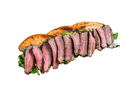 Grilled Homemade rib eye Steak sandwich with sliced roast beef, arugula Isolated on white background, Top view