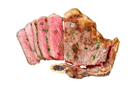 Foto de Filete de carne de res a la parrilla de club rebanado raro. Aislado sobre fondo blanco, Vista superior - Imagen libre de derechos