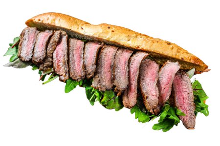 Grilled baguette steak sandwich with arugula and cheese. Isolated on white background, Top view